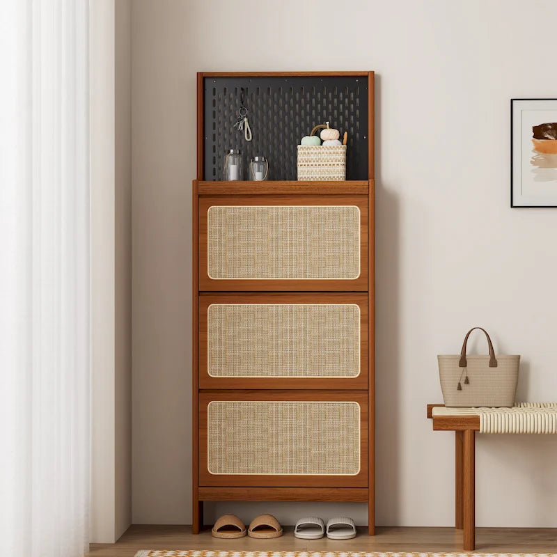 Rattan Shoe Cabinet for Entryway, Free Standing Shoe Rack with 3 Flip Drawers & Pegboard