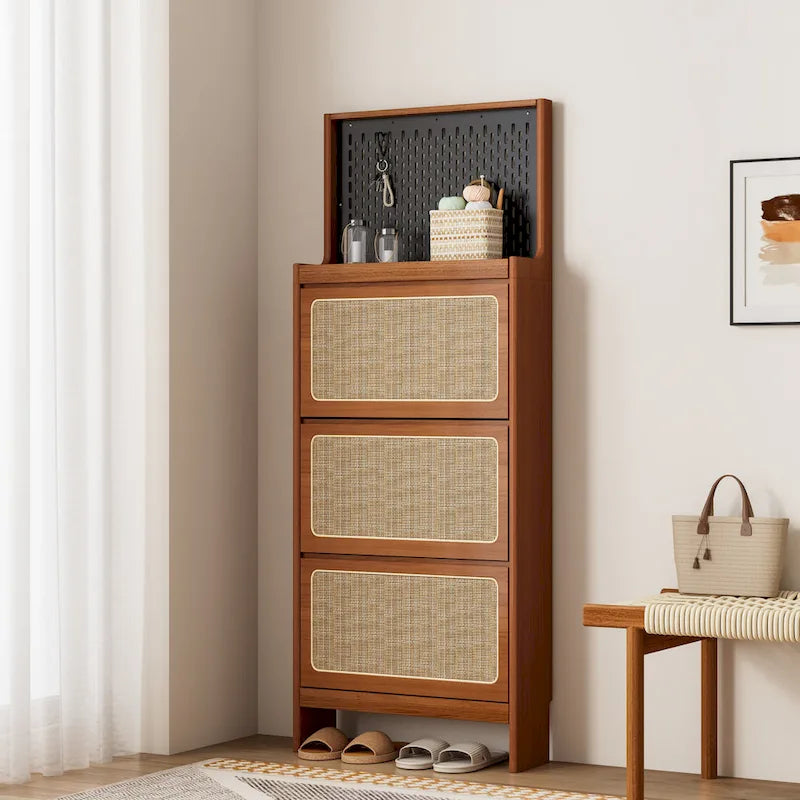 Rattan Shoe Cabinet for Entryway, Free Standing Shoe Rack with 3 Flip Drawers & Pegboard