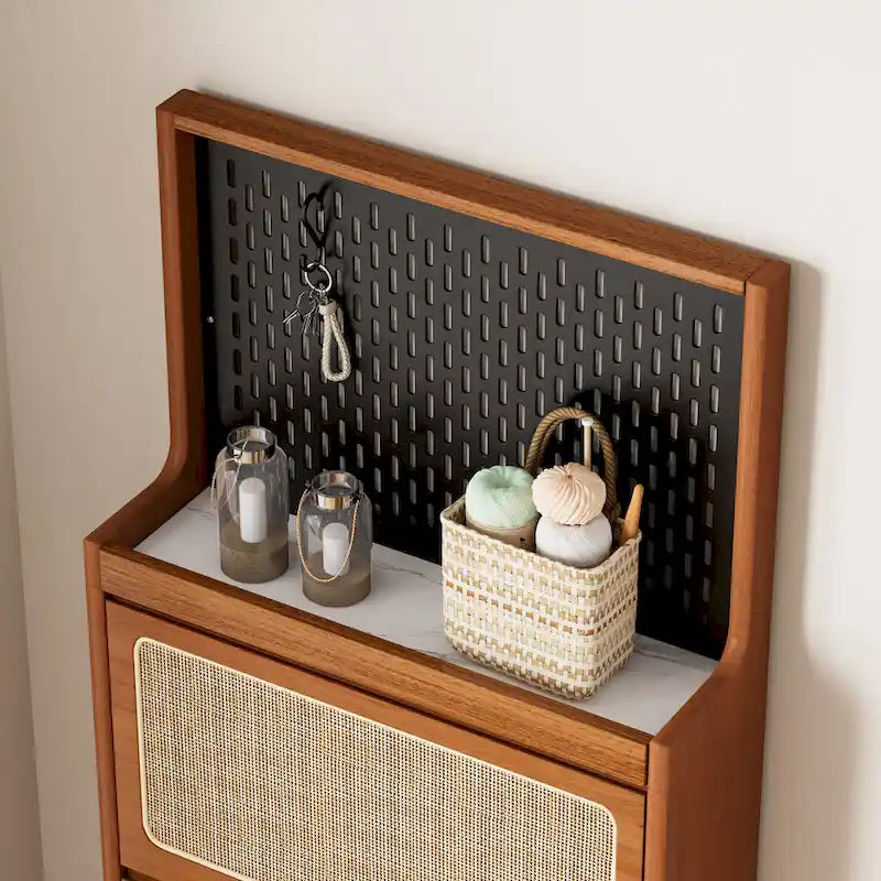 Rattan Shoe Cabinet for Entryway, Free Standing Shoe Rack with 3 Flip Drawers & Pegboard