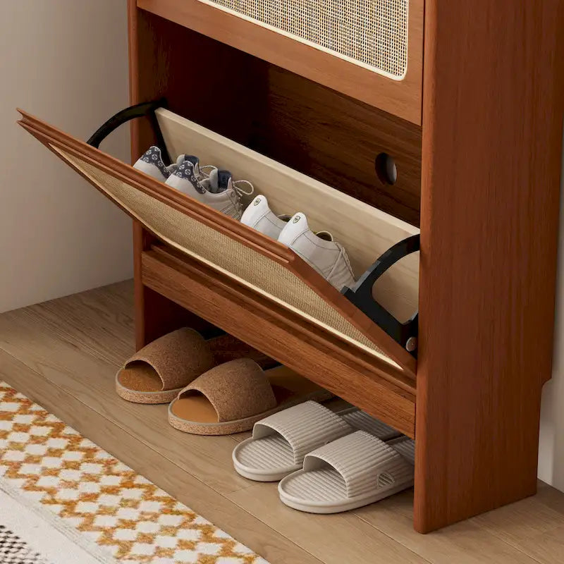 Rattan Shoe Cabinet for Entryway, Free Standing Shoe Rack with 3 Flip Drawers & Pegboard