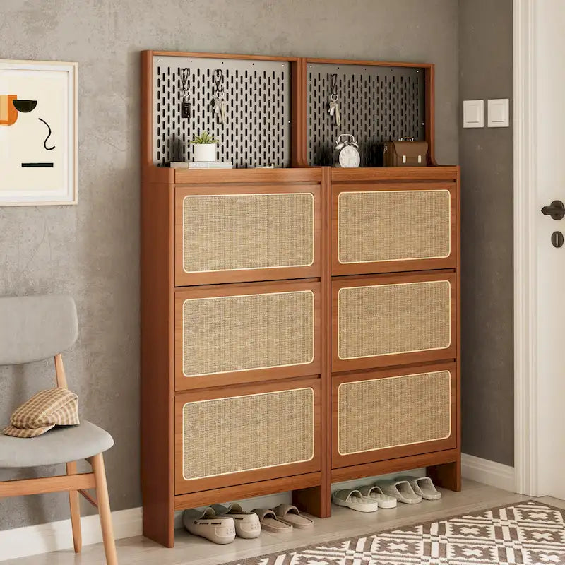 Rattan Shoe Cabinet for Entryway, Free Standing Shoe Rack with 3 Flip Drawers & Pegboard