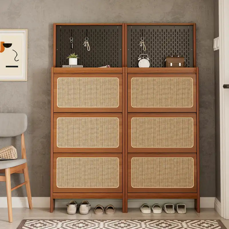 Rattan Shoe Cabinet for Entryway, Free Standing Shoe Rack with 3 Flip Drawers & Pegboard
