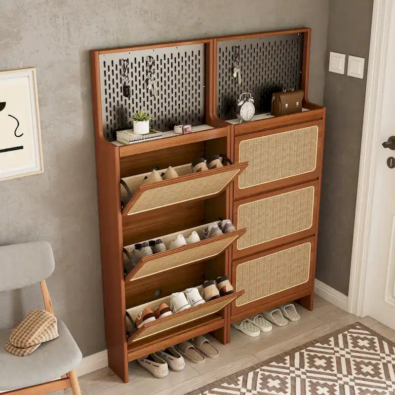 Rattan Shoe Cabinet for Entryway, Free Standing Shoe Rack with 3 Flip Drawers & Pegboard