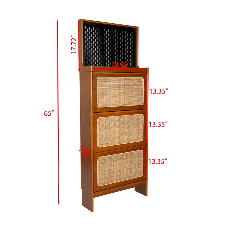 Rattan Shoe Cabinet for Entryway, Free Standing Shoe Rack with 3 Flip Drawers & Pegboard