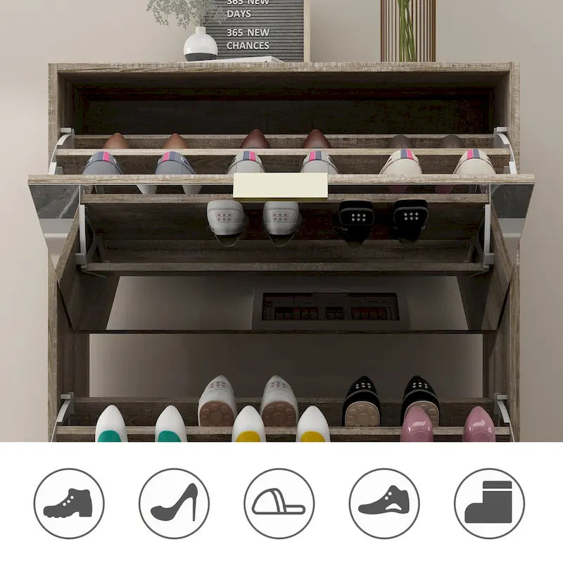 Shoe Cabinet with 3 Mirrored Flip Drawers, Free Standing Slim