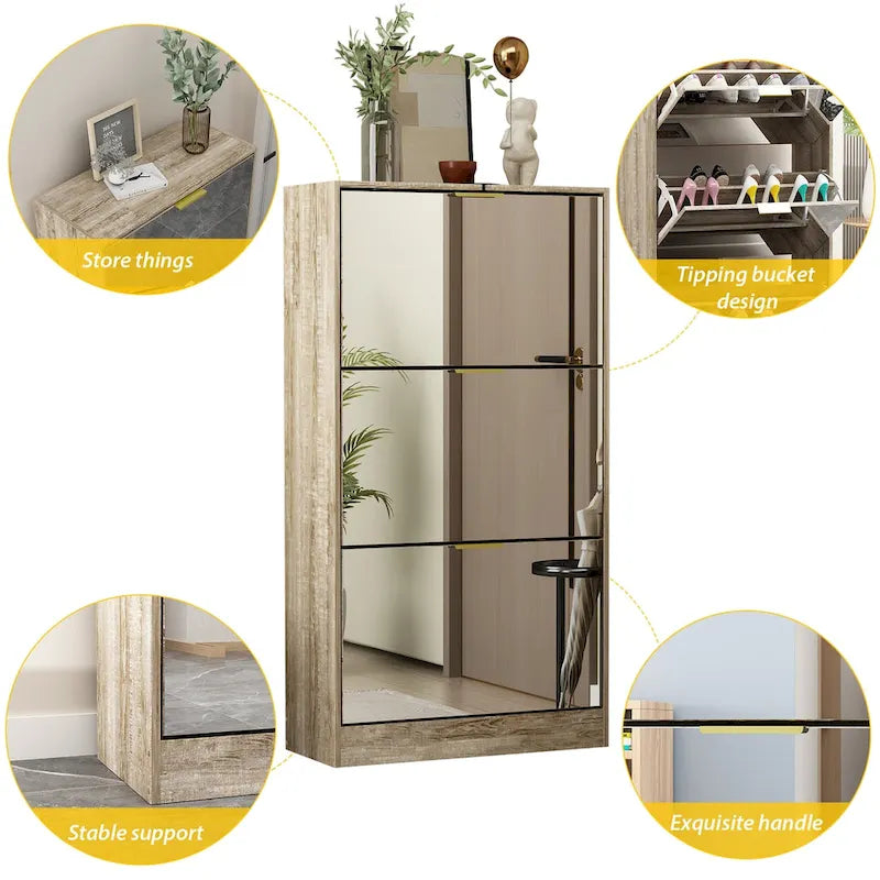 Shoe Cabinet with 3 Mirrored Flip Drawers, Free Standing Slim