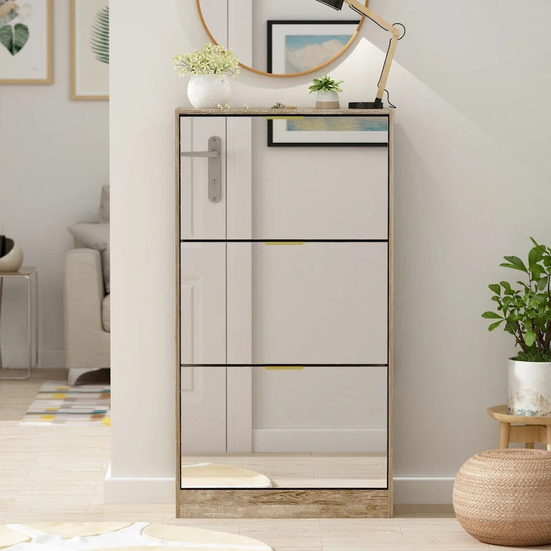Shoe Cabinet with 3 Mirrored Flip Drawers, Free Standing Slim