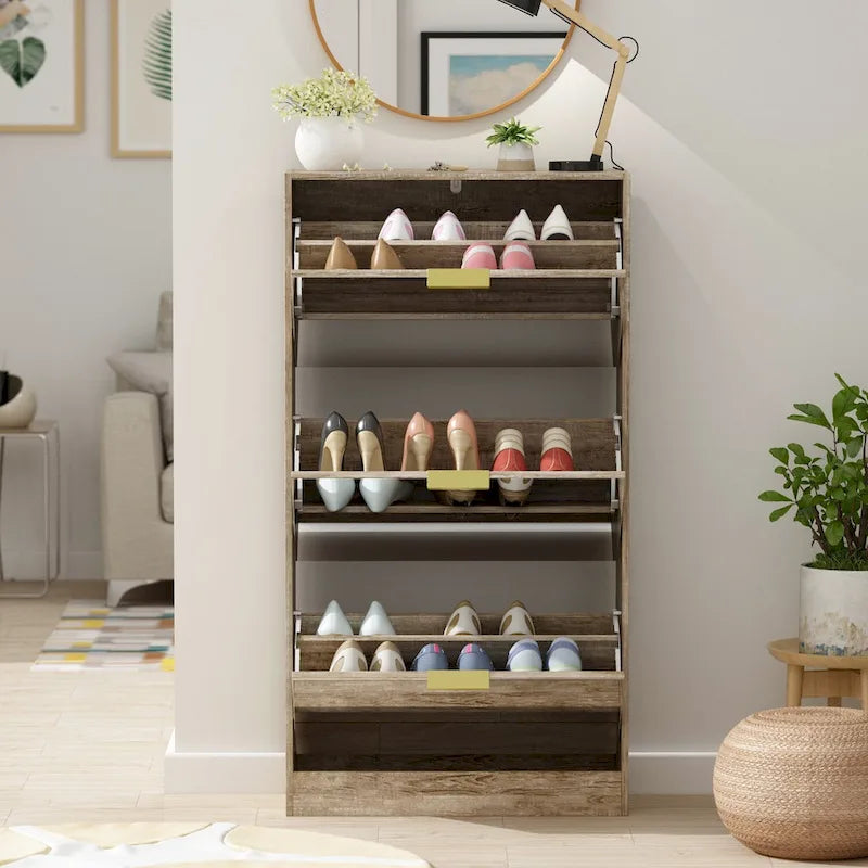 Shoe Cabinet with 3 Mirrored Flip Drawers, Free Standing Slim