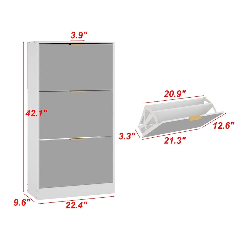 Shoe Cabinet with 3 Mirrored Flip Drawers, Free Standing Slim