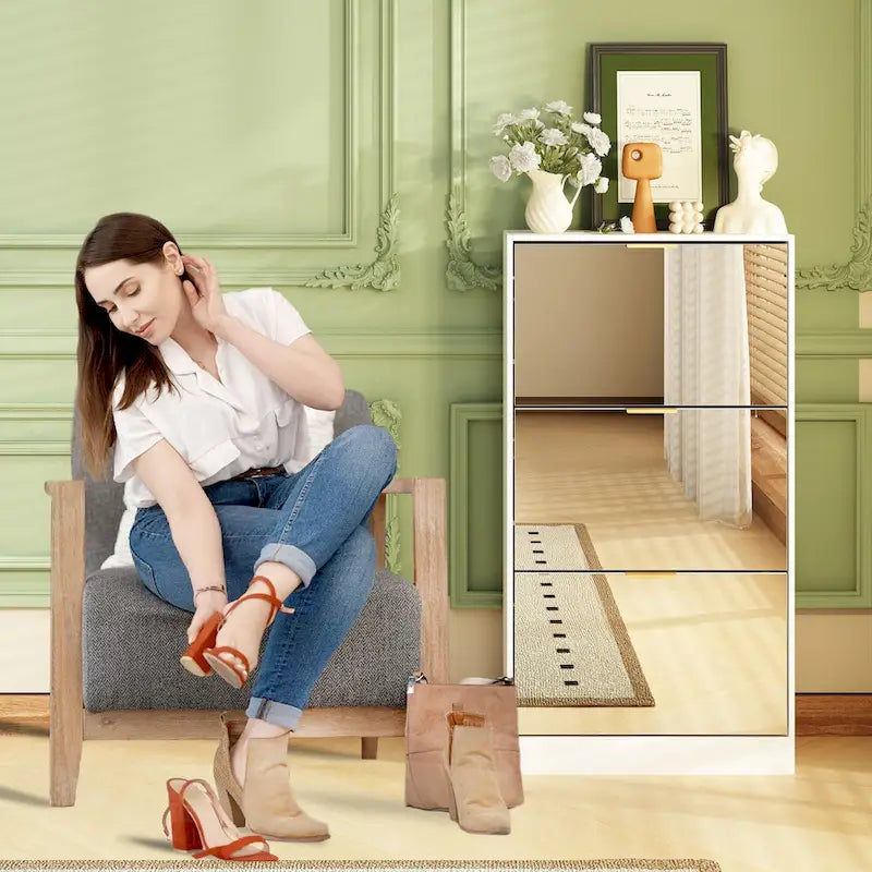 Shoe Cabinet with 3 Mirrored Flip Drawers, Free Standing Slim