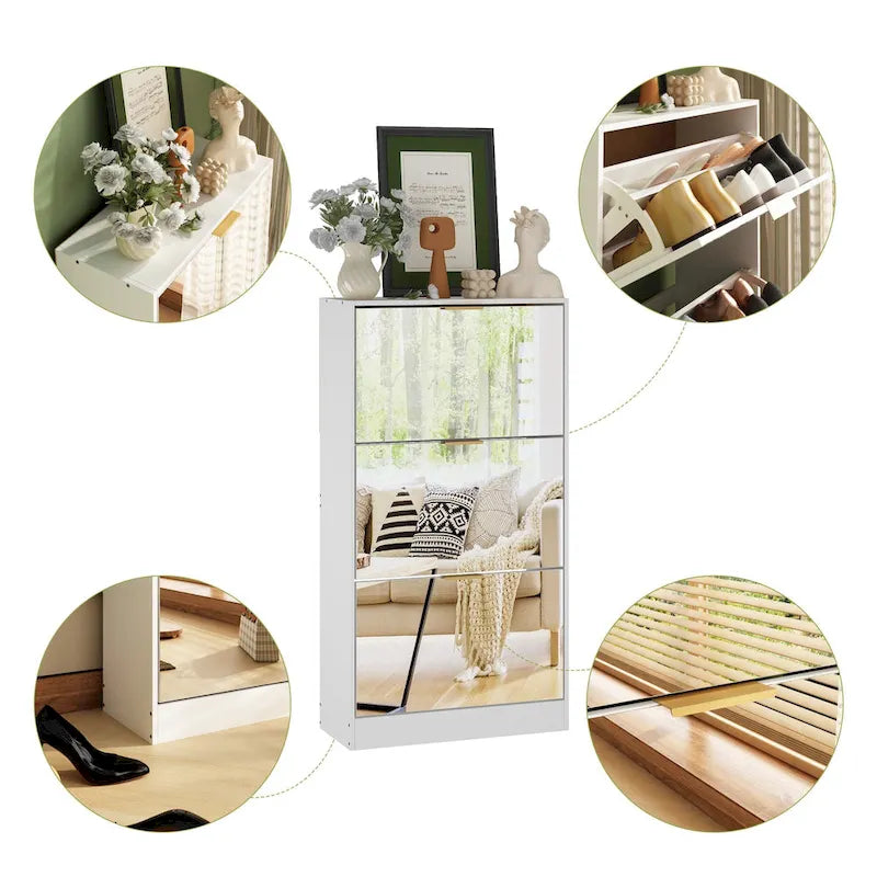 Shoe Cabinet with 3 Mirrored Flip Drawers, Free Standing Slim