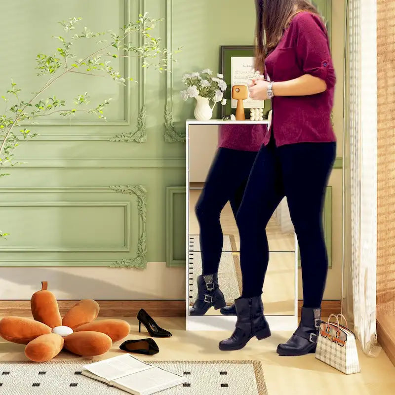 Shoe Cabinet with 3 Mirrored Flip Drawers, Free Standing Slim