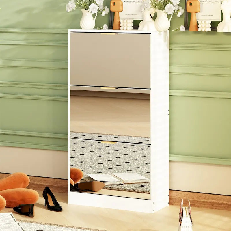 Shoe Cabinet with 3 Mirrored Flip Drawers, Free Standing Slim