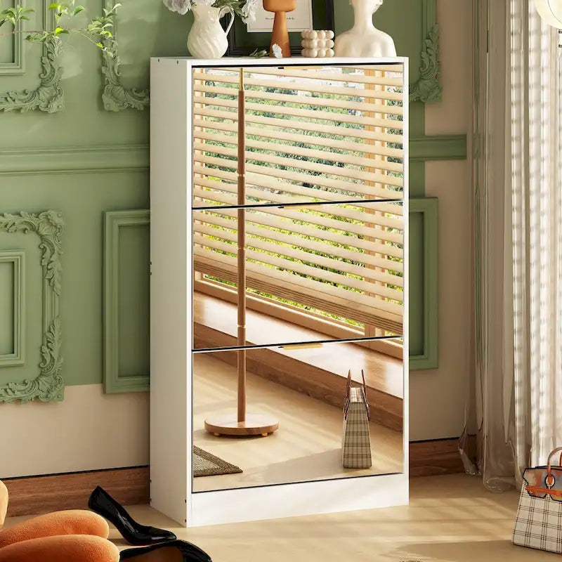 Shoe Cabinet with 3 Mirrored Flip Drawers, Free Standing Slim