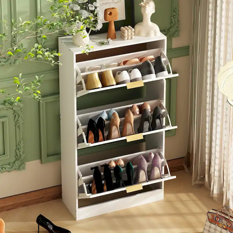 Shoe Cabinet with 3 Mirrored Flip Drawers, Free Standing Slim