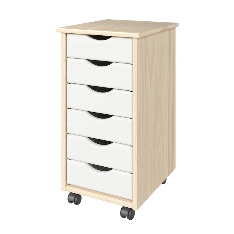 Solid Wood 6 Drawer Narrow Roll Cart, Natural and White