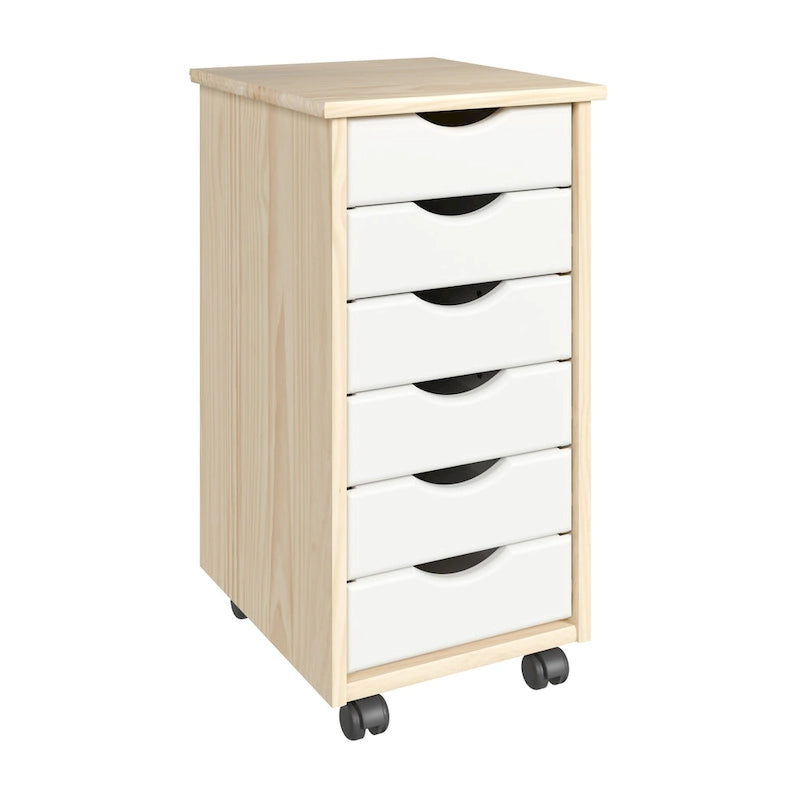 Solid Wood 6 Drawer Narrow Roll Cart, Natural and White