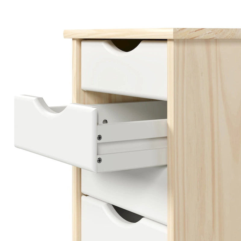 Solid Wood 6 Drawer Narrow Roll Cart, Natural and White