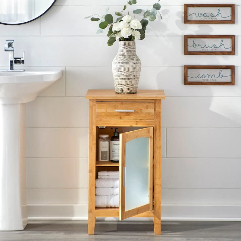 Bamboo Glass Door Linen Floor Cabinet