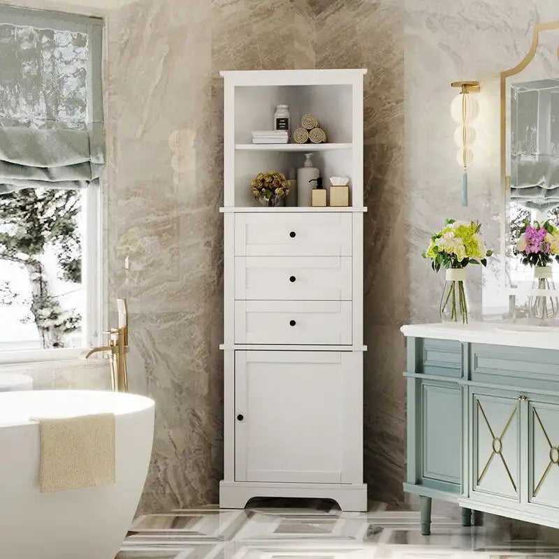 Triangle Tall Corner Cabinet with 3 Drawers and Adjustable Shelves for Bathroom