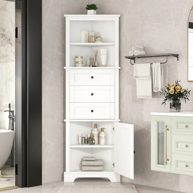 Triangle Tall Corner Cabinet with 3 Drawers and Adjustable Shelves for Bathroom