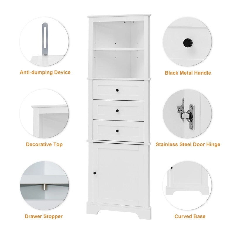 Triangle Tall Corner Cabinet with 3 Drawers and Adjustable Shelves for Bathroom