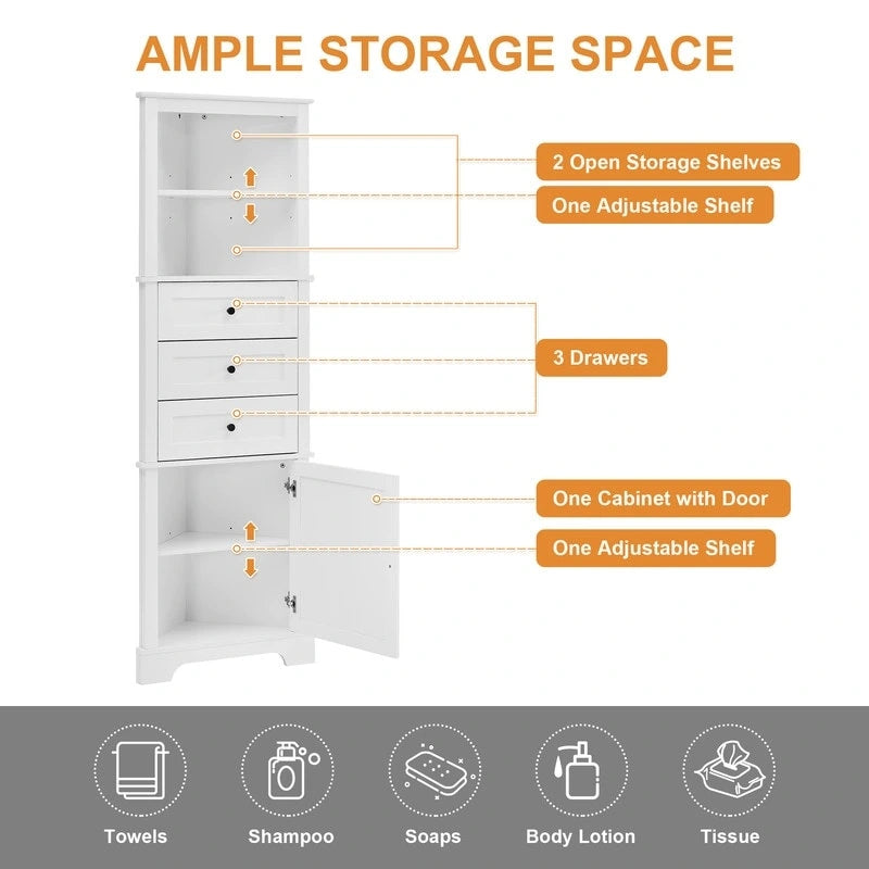 Triangle Tall Corner Cabinet with 3 Drawers and Adjustable Shelves for Bathroom