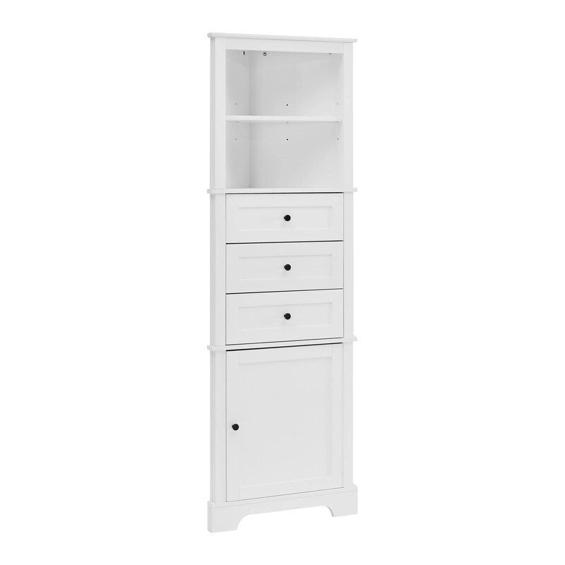 Triangle Tall Corner Cabinet with 3 Drawers and Adjustable Shelves for Bathroom