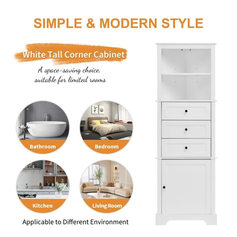 Triangle Tall Corner Cabinet with 3 Drawers and Adjustable Shelves for Bathroom