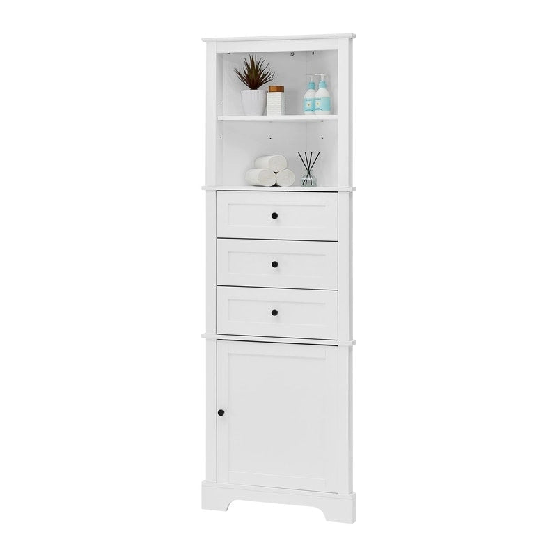Triangle Tall Corner Cabinet with 3 Drawers and Adjustable Shelves for Bathroom