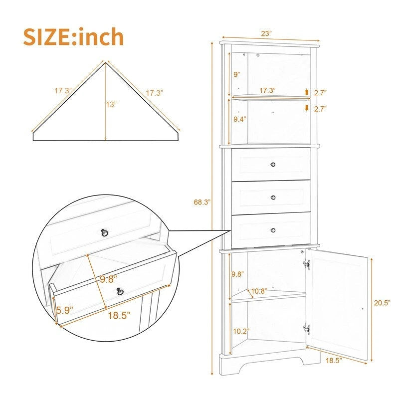 Triangle Tall Corner Cabinet with 3 Drawers and Adjustable Shelves for Bathroom