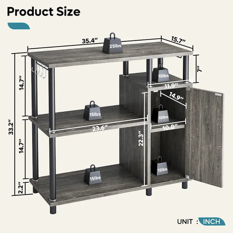 4-Tier Kitchen Cabinet with Microwave Stand & Hooks - 35.4in W
