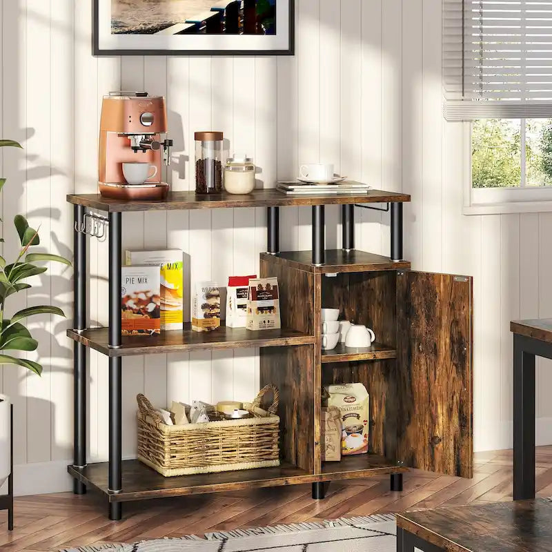 4-Tier Kitchen Cabinet with Microwave Stand & Hooks - 35.4in W
