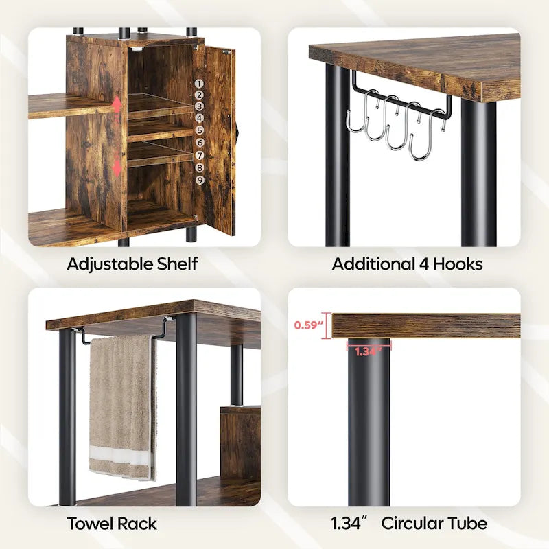 4-Tier Kitchen Cabinet with Microwave Stand & Hooks - 35.4in W