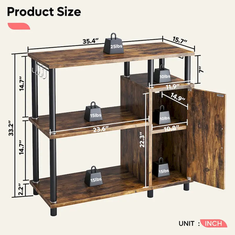 4-Tier Kitchen Cabinet with Microwave Stand & Hooks - 35.4in W