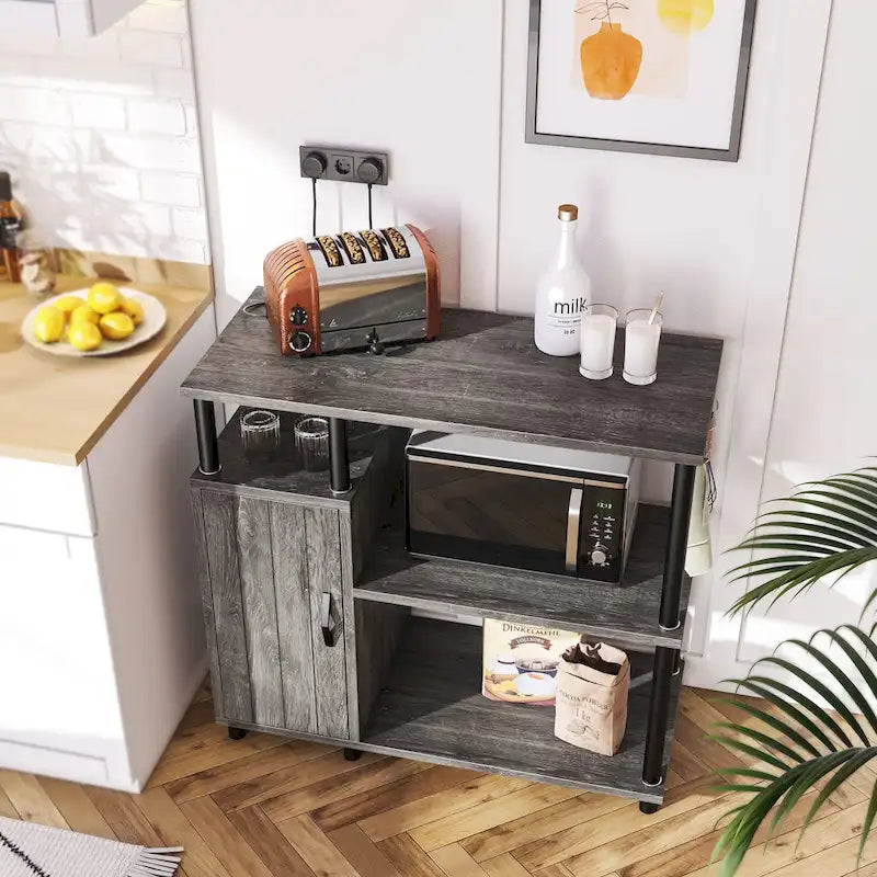 4-Tier Kitchen Cabinet with Microwave Stand & Hooks - 35.4in W