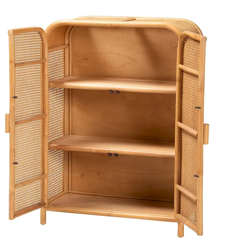 Modern Bohemian Light Honey Rattan 2-Door Storage Cabinet