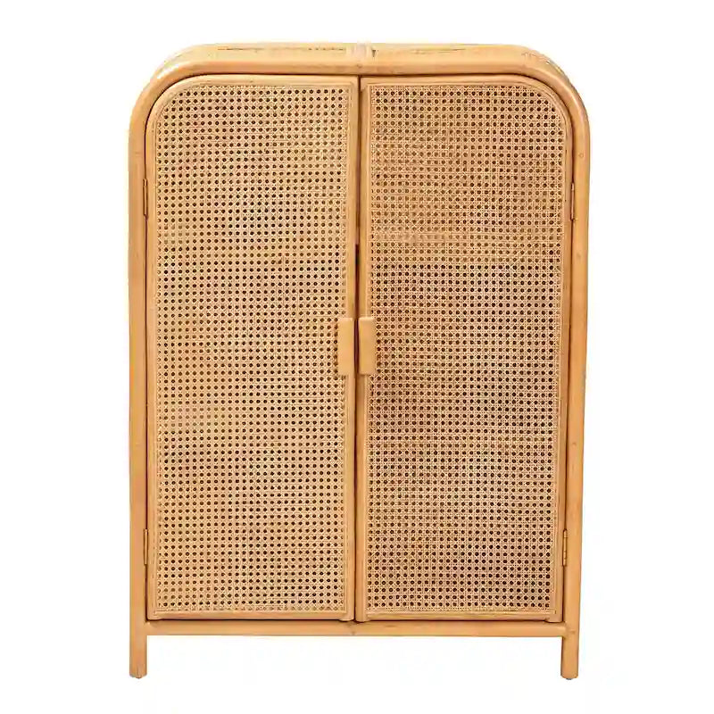 Modern Bohemian Light Honey Rattan 2-Door Storage Cabinet