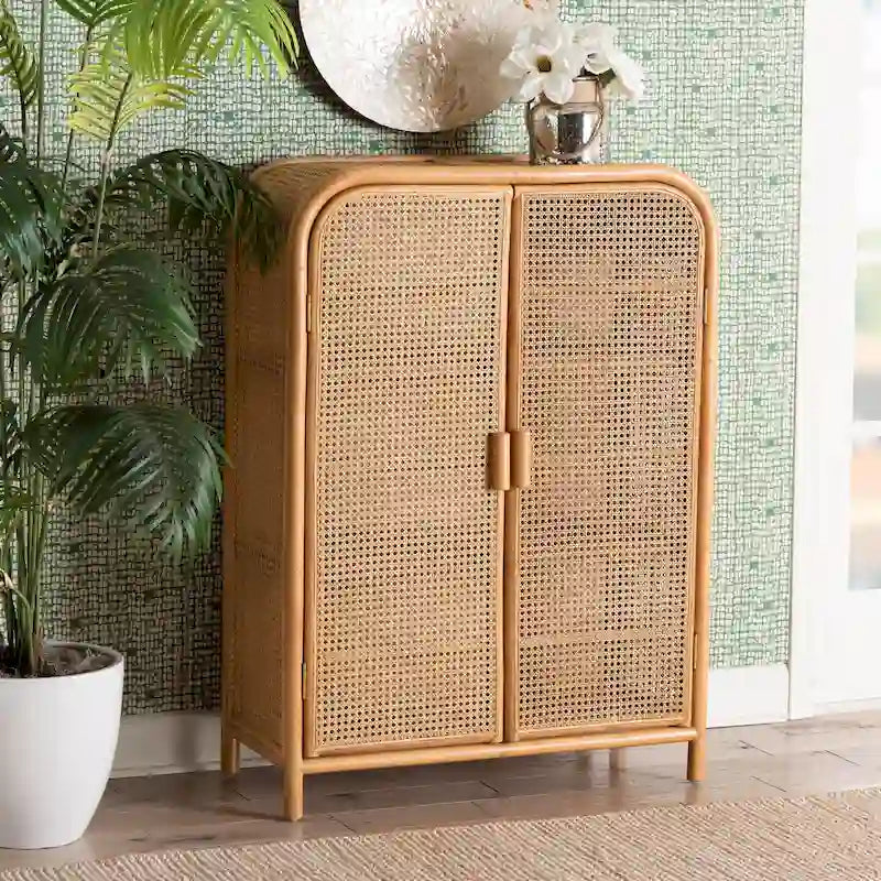 Modern Bohemian Light Honey Rattan 2-Door Storage Cabinet