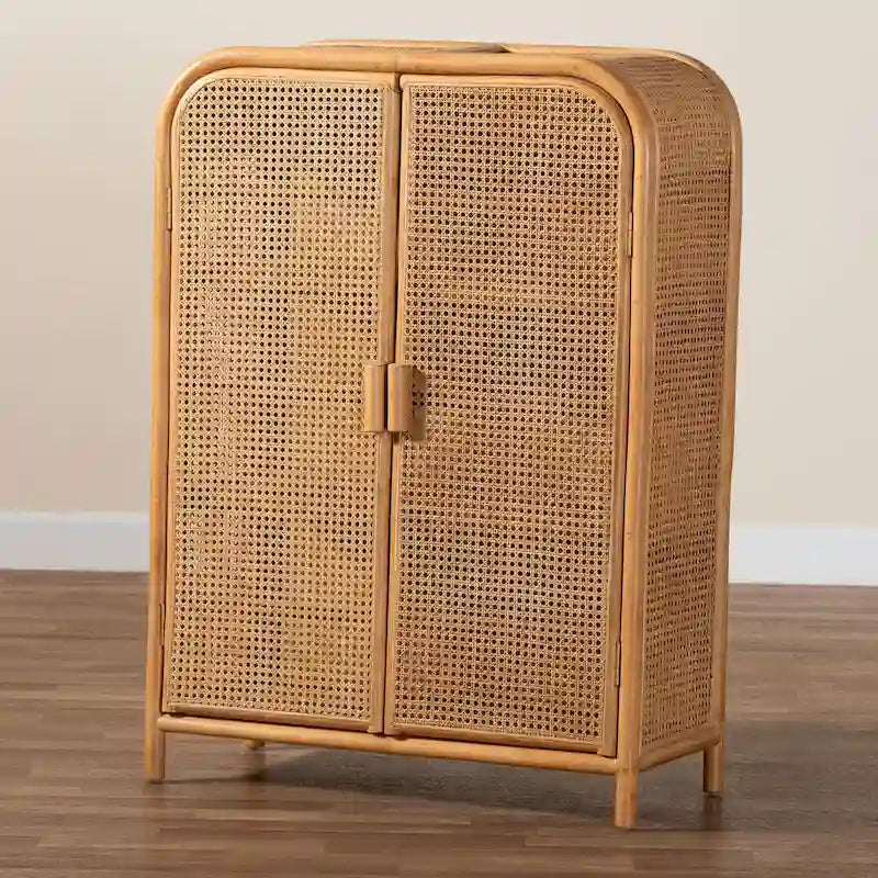 Modern Bohemian Light Honey Rattan 2-Door Storage Cabinet