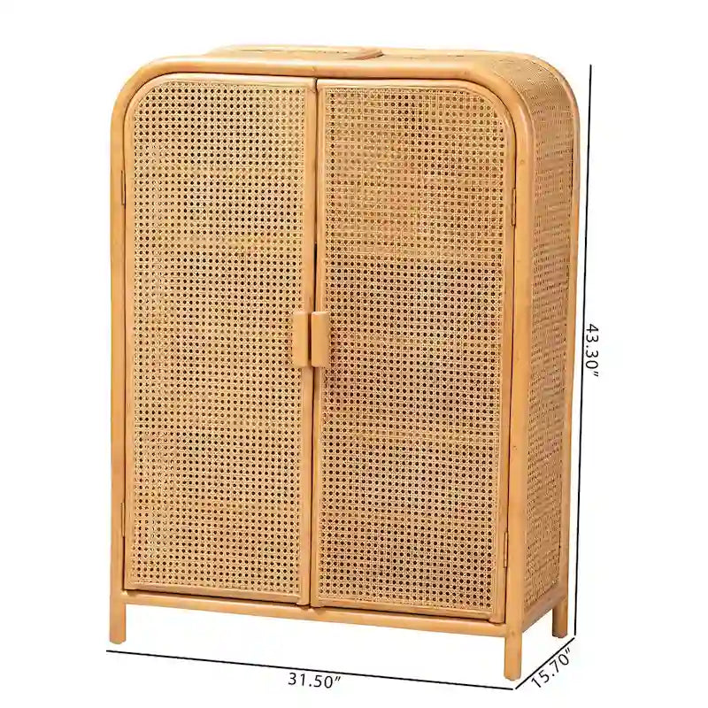 Modern Bohemian Light Honey Rattan 2-Door Storage Cabinet