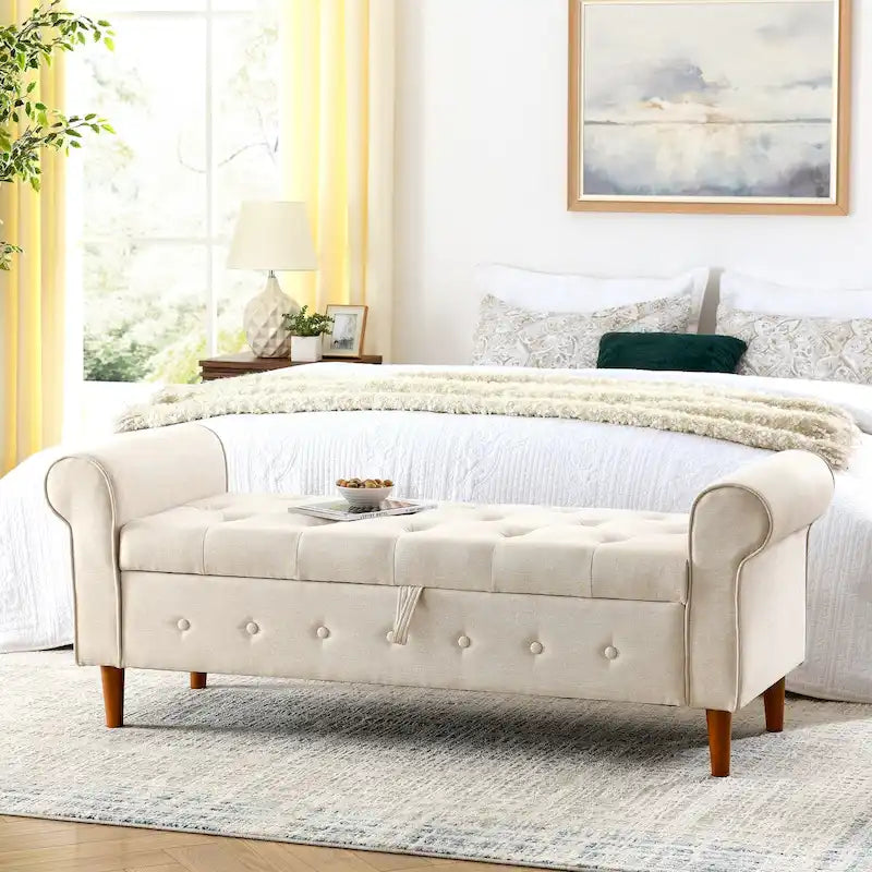 62" Tufted Button Storage Bench Linen Upholstered Ottoman
