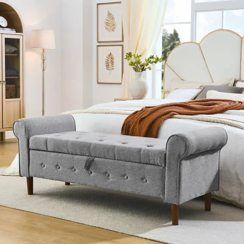 62" Tufted Button Storage Bench Linen Upholstered Ottoman