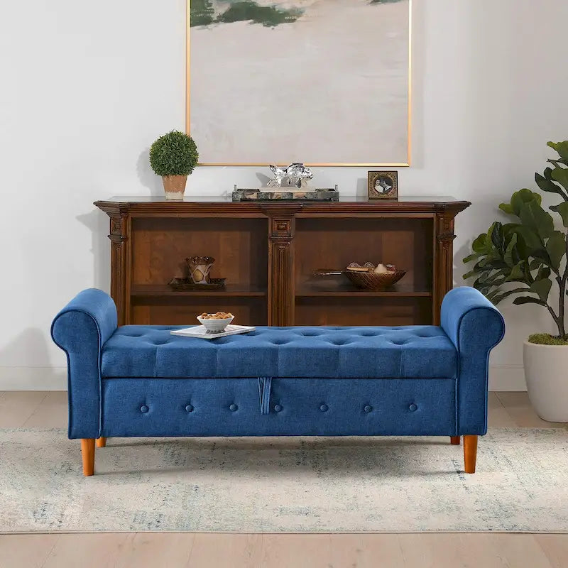 62" Tufted Button Storage Bench Linen Upholstered Ottoman