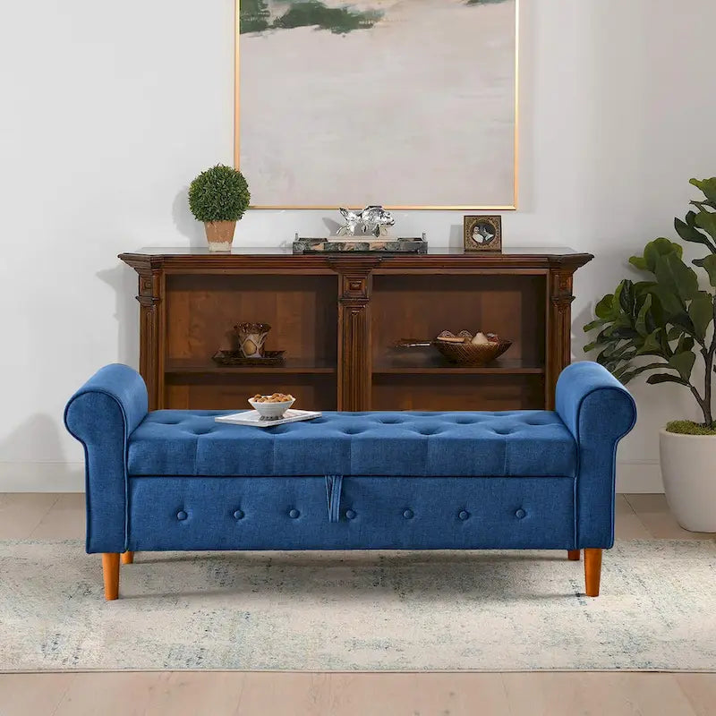 62" Tufted Button Storage Bench Linen Upholstered Ottoman