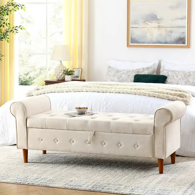 62" Tufted Button Storage Bench Linen Upholstered Ottoman