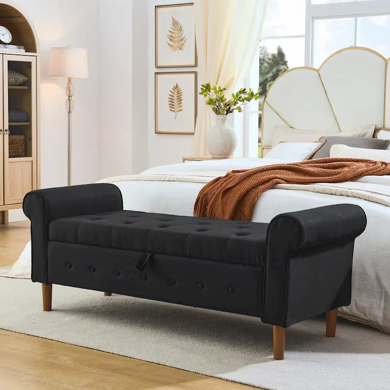 62" Tufted Button Storage Bench Linen Upholstered Ottoman