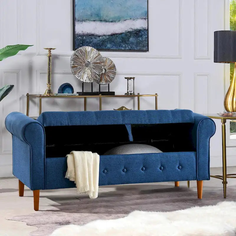 62" Tufted Button Storage Bench Linen Upholstered Ottoman