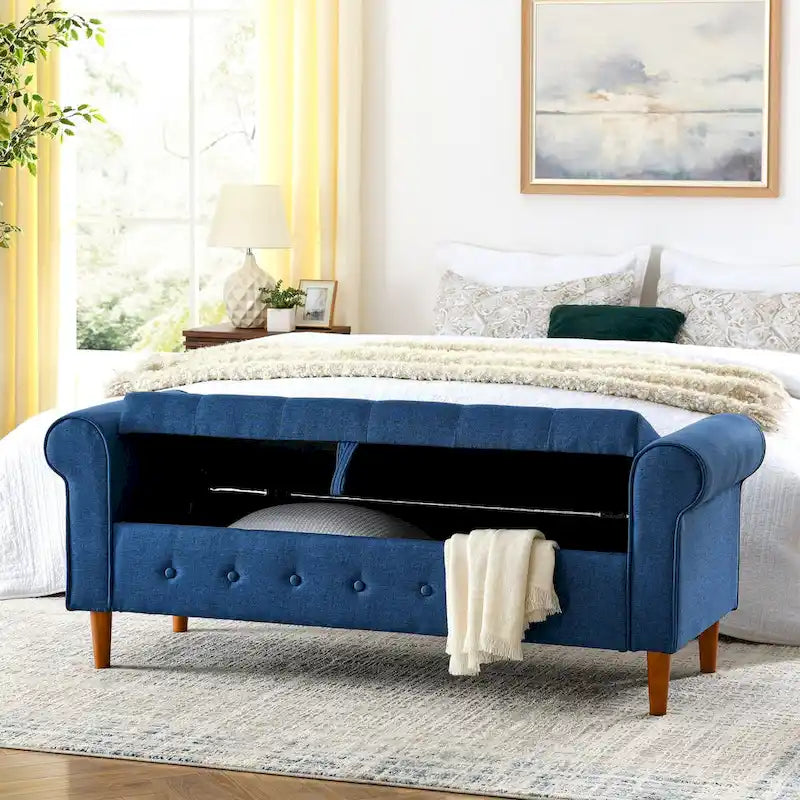 62" Tufted Button Storage Bench Linen Upholstered Ottoman