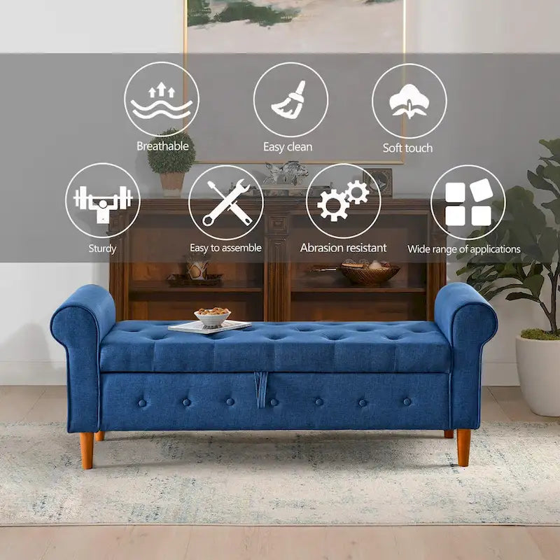 62" Tufted Button Storage Bench Linen Upholstered Ottoman